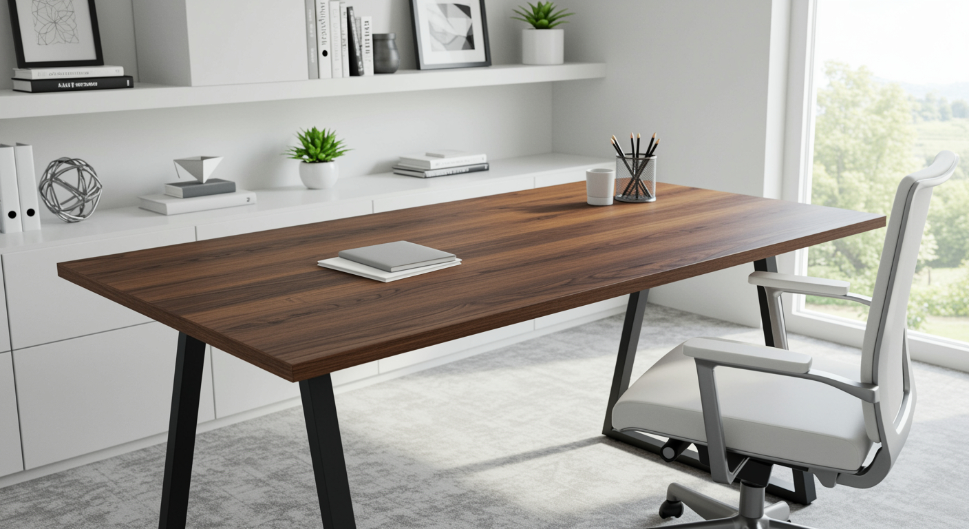 Schreibtisch mit Tischplatte in dunkler Holzoptik