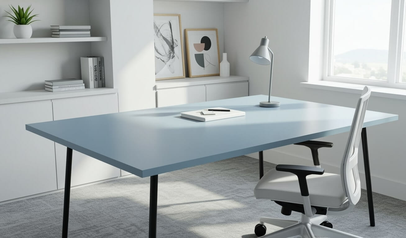 schreibtisch-hellblau (1) Schreibtisch mit Tischplatte in hellblauem Dekor